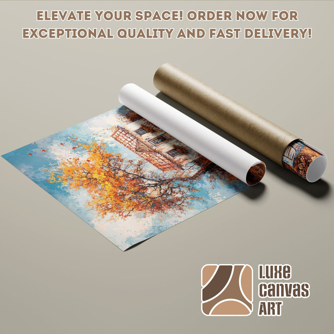 Poster Roll featuring an autumn landscape painting with blue, orange, and brown hues. Perfect wall art for your home!