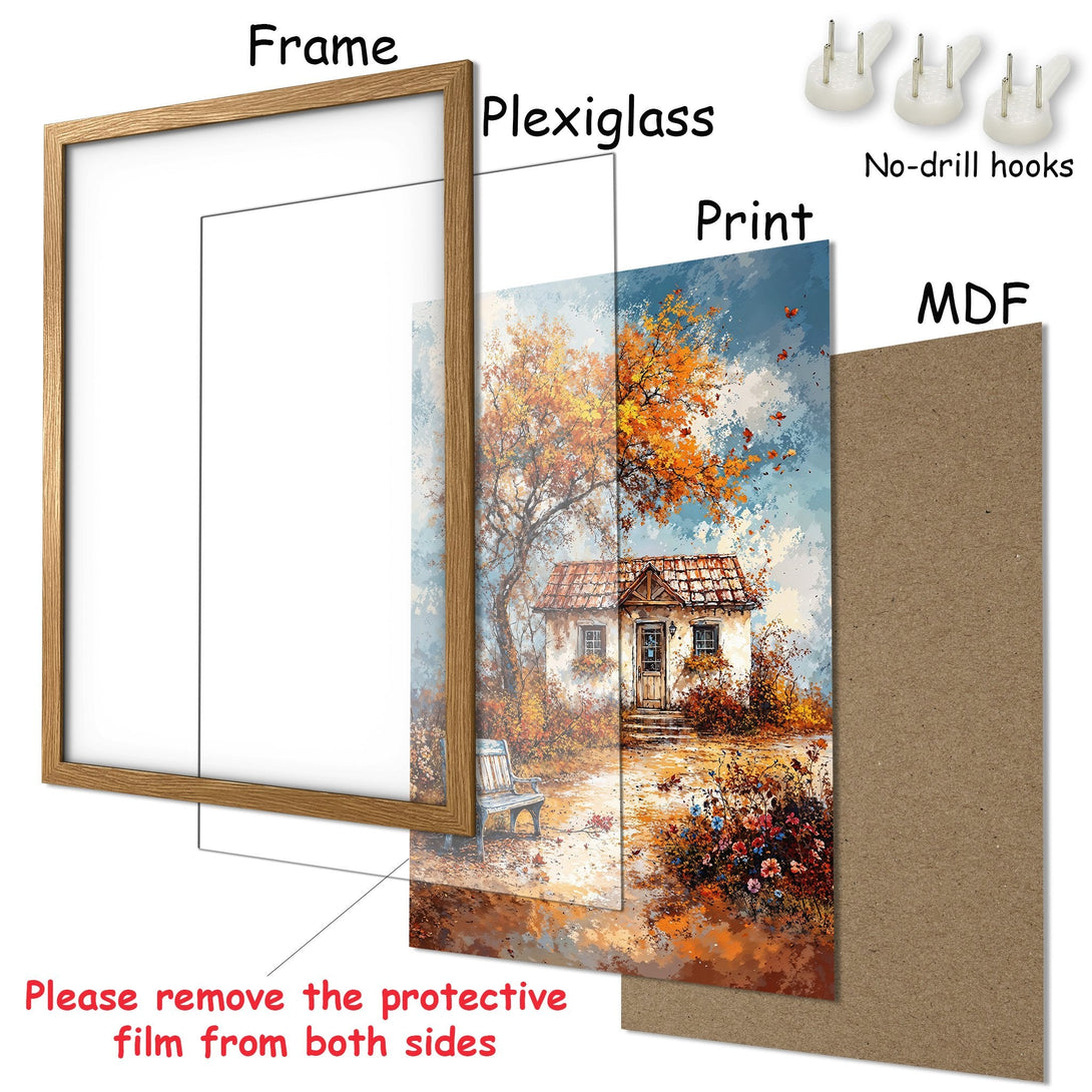 Framed Poster of a charming cottage in autumn colors. Beautiful art print with warm, inviting tones for your home decor.