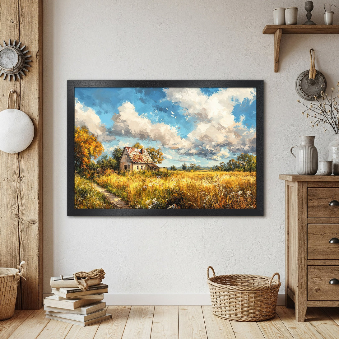 Framed Poster of a rustic landscape painting. Featuring a farmhouse, vibrant blues, yellows, and greens. Perfect wall art for your home.