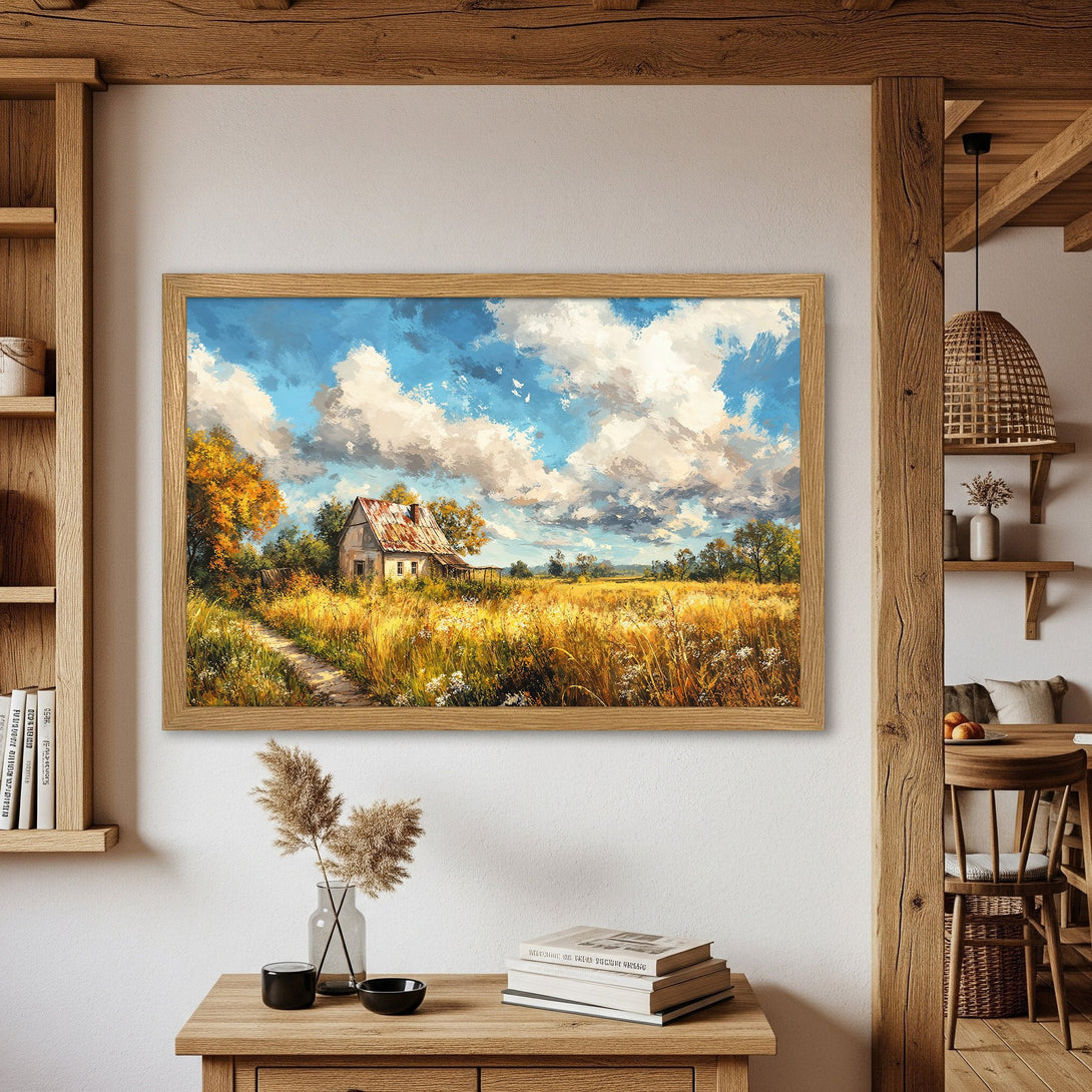 Framed Poster of a rustic landscape painting. Featuring a farmhouse in a field with a blue sky and warm color palette. Perfect wall art!