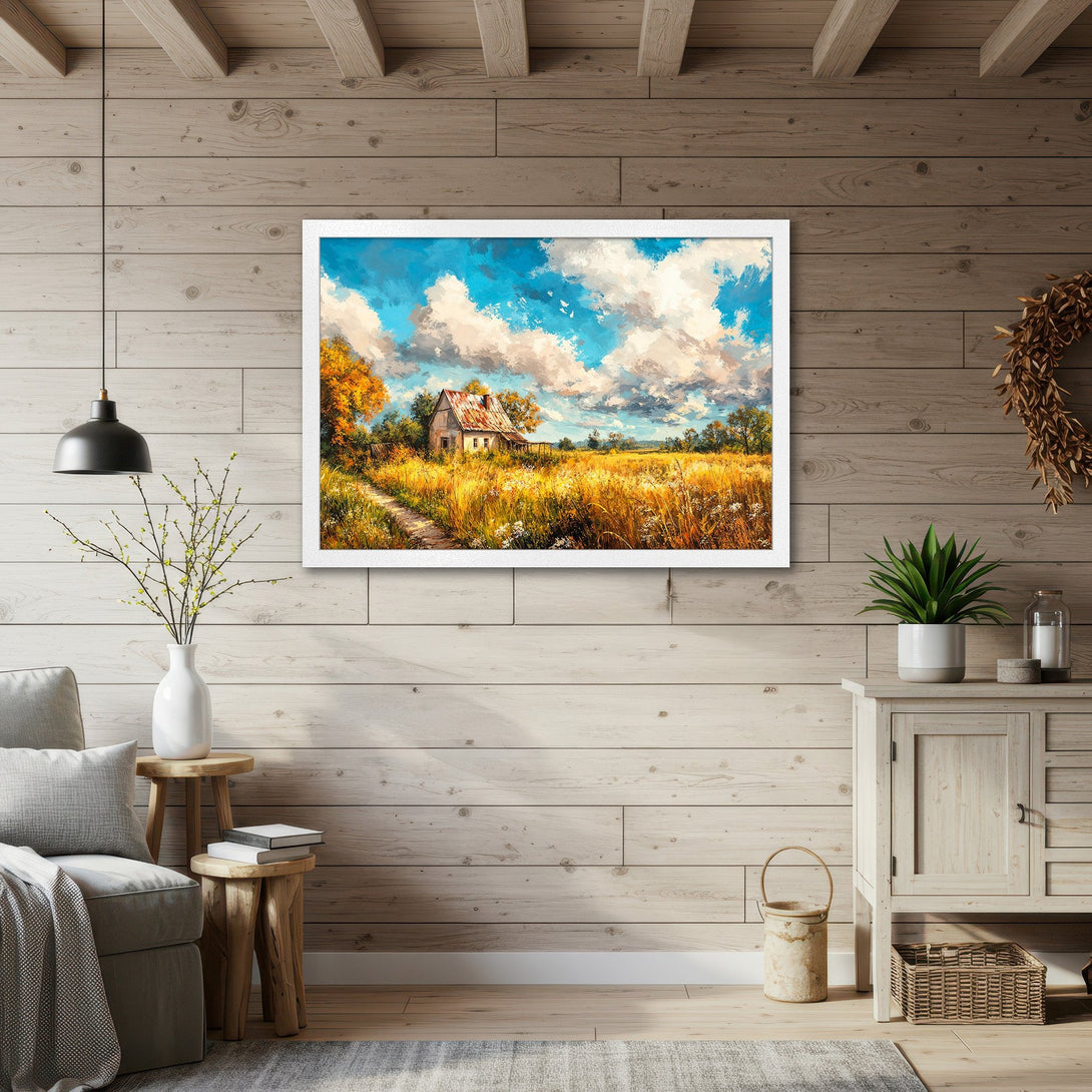 Framed Poster featuring a rustic landscape painting in warm, earthy tones. Perfect wall art for a cozy home!
