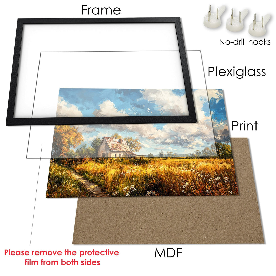 Framed Poster of a serene landscape with a farmhouse, warm color palette, and artistic style. Perfect wall art!