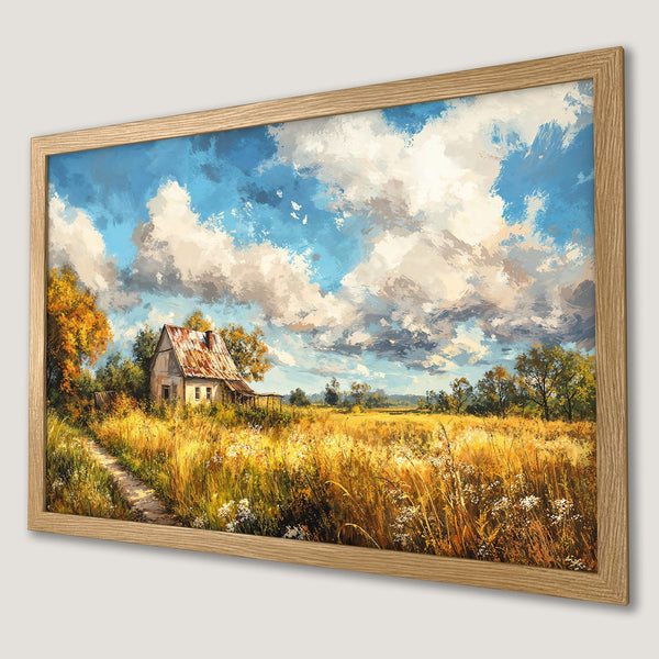 Framed Poster: Rustic landscape art print featuring a farmhouse, vibrant yellows, blues and a painterly style. Perfect wall decor!