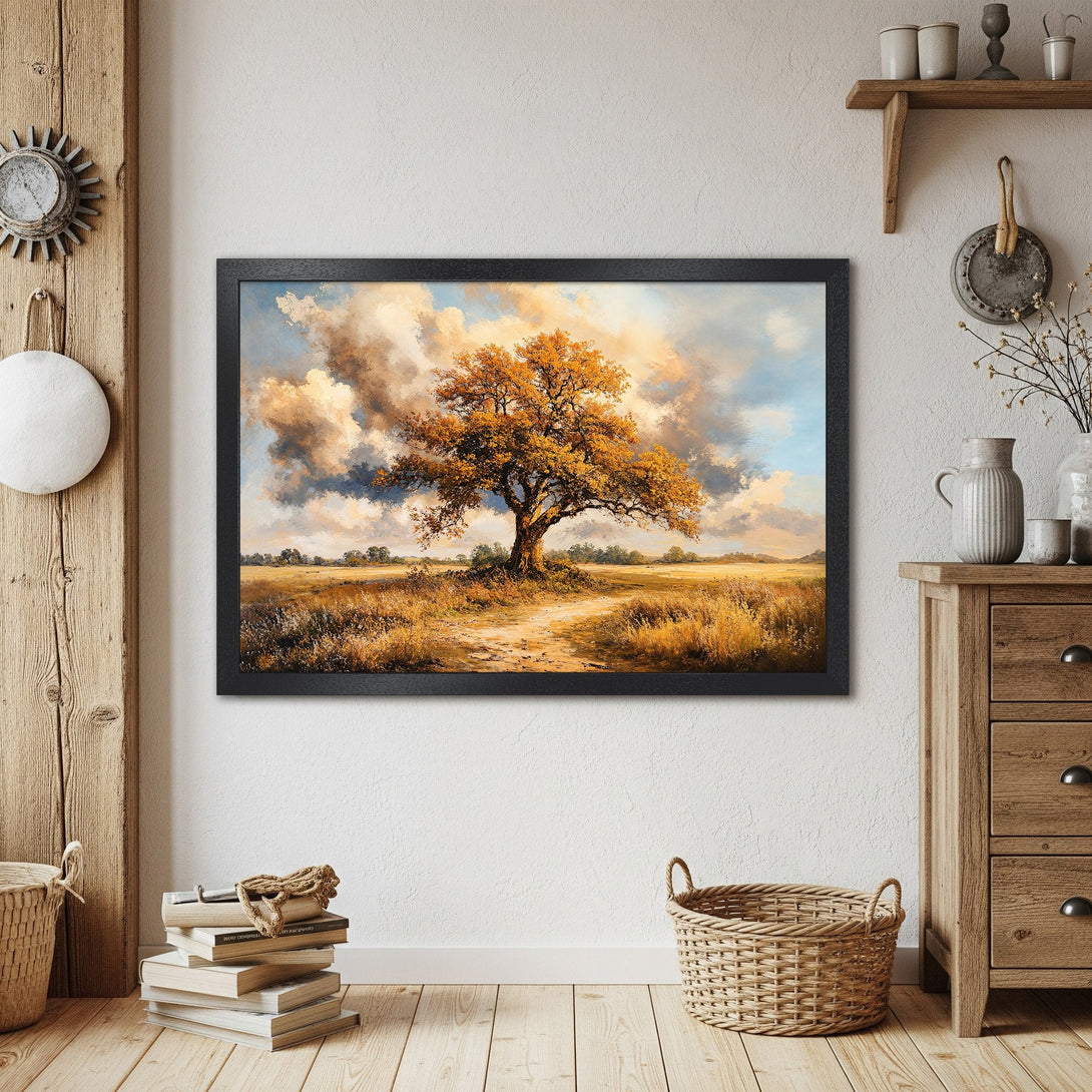 Framed Poster of a majestic tree in a field. Impressionistic style with warm, autumnal color palette. Perfect wall art for any room.