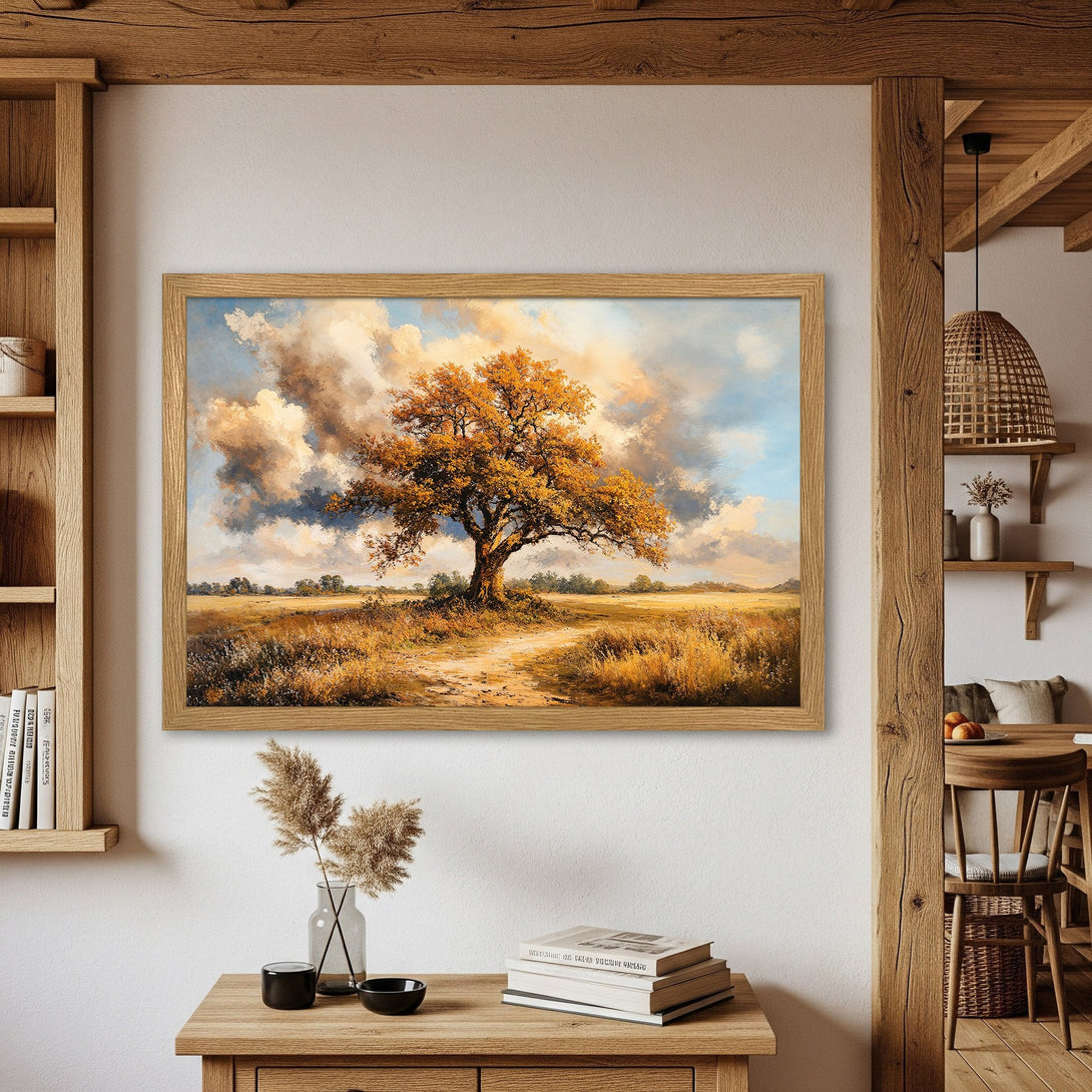 Framed Poster featuring an autumn tree landscape painting. Warm, inviting color palette. Perfect wall art for a cozy home.