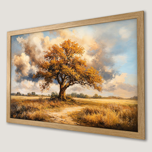 Framed Poster featuring a vibrant landscape painting of a tree with a warm, autumnal color palette. A beautiful addition to any room!