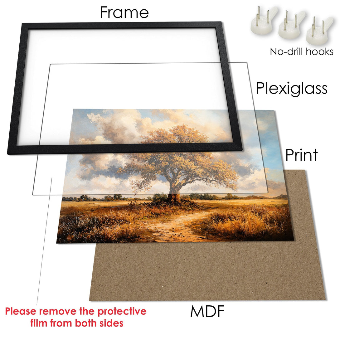 Framed Poster of a tree in a field, landscape art in warm, earthy tones. Ready to hang!