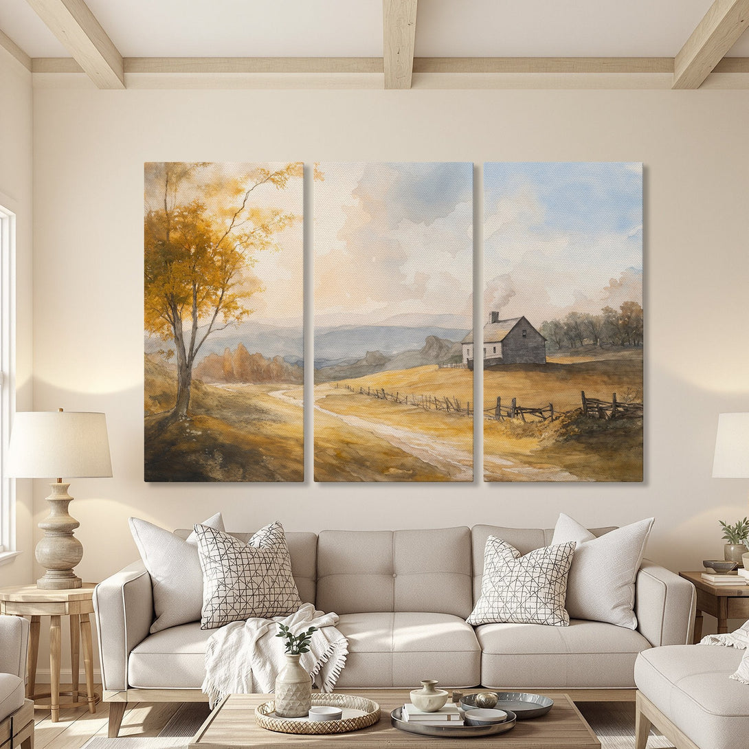 Canvas Print: Watercolor landscape art in warm yellow and gold tones, featuring a farmhouse and tree. Perfect for rustic home decor.