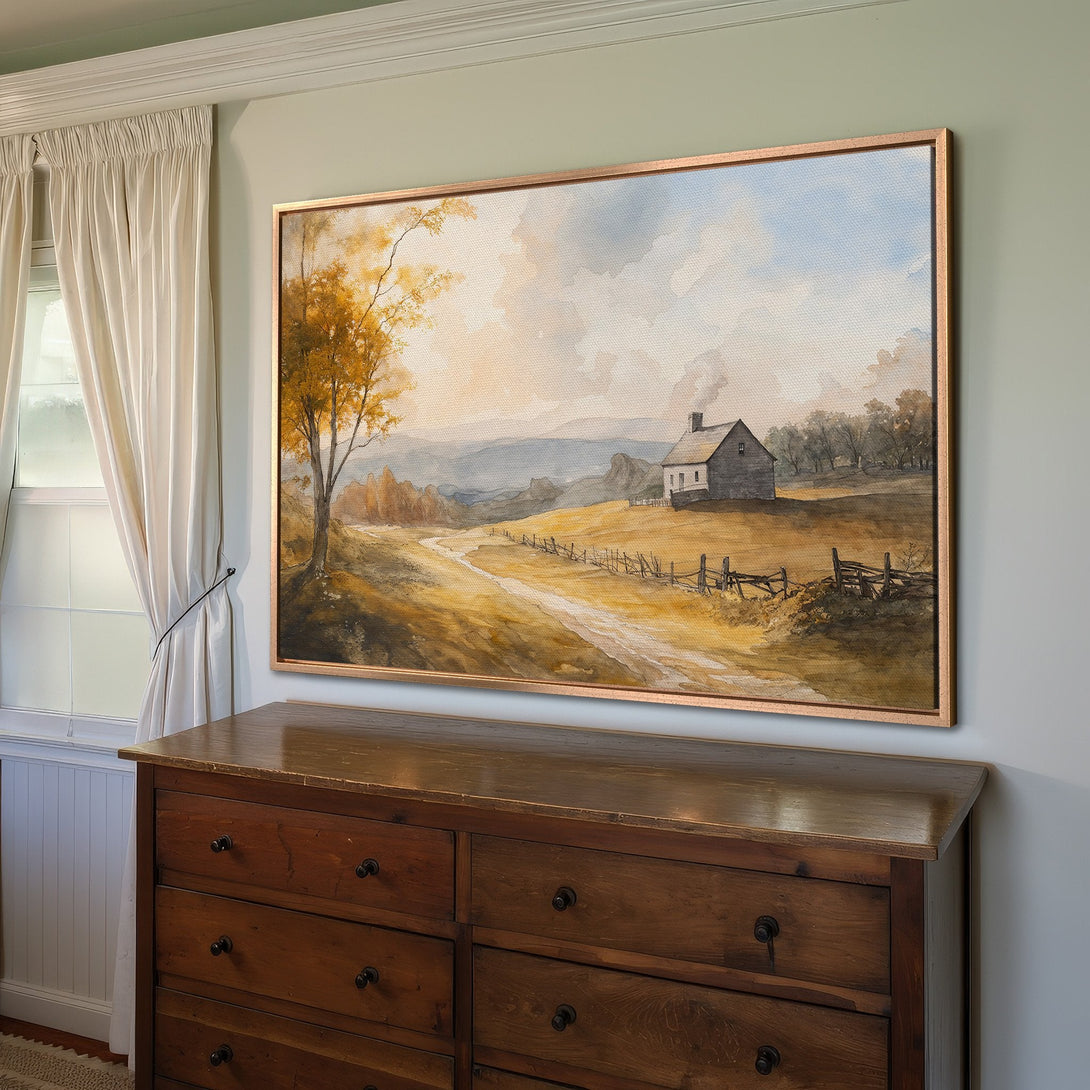 Framed Wall Art: Watercolor landscape Canvas Print in warm tones of gold, brown, and blue. Rustic farmhouse art for cozy home decor.