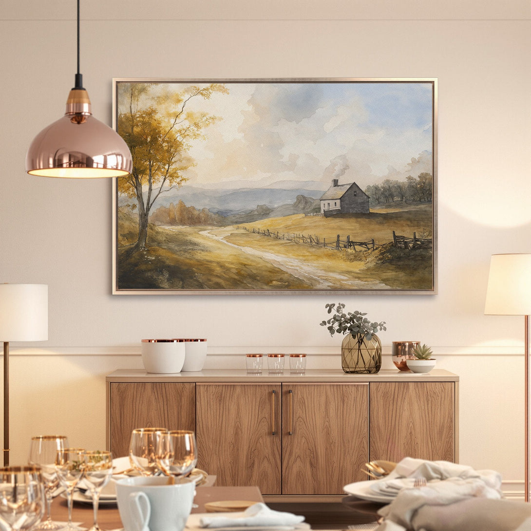 Framed Wall Art featuring a watercolor landscape painting with a warm, earthy color palette. Perfect for adding a touch of serenity to your home.