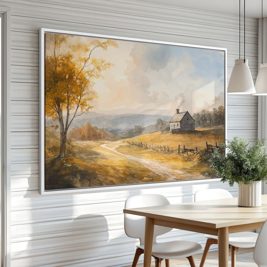 Framed Wall Art: Watercolor landscape Canvas Print with warm, autumnal tones. Rustic farmhouse scene in a neutral color palette, perfect for any home.