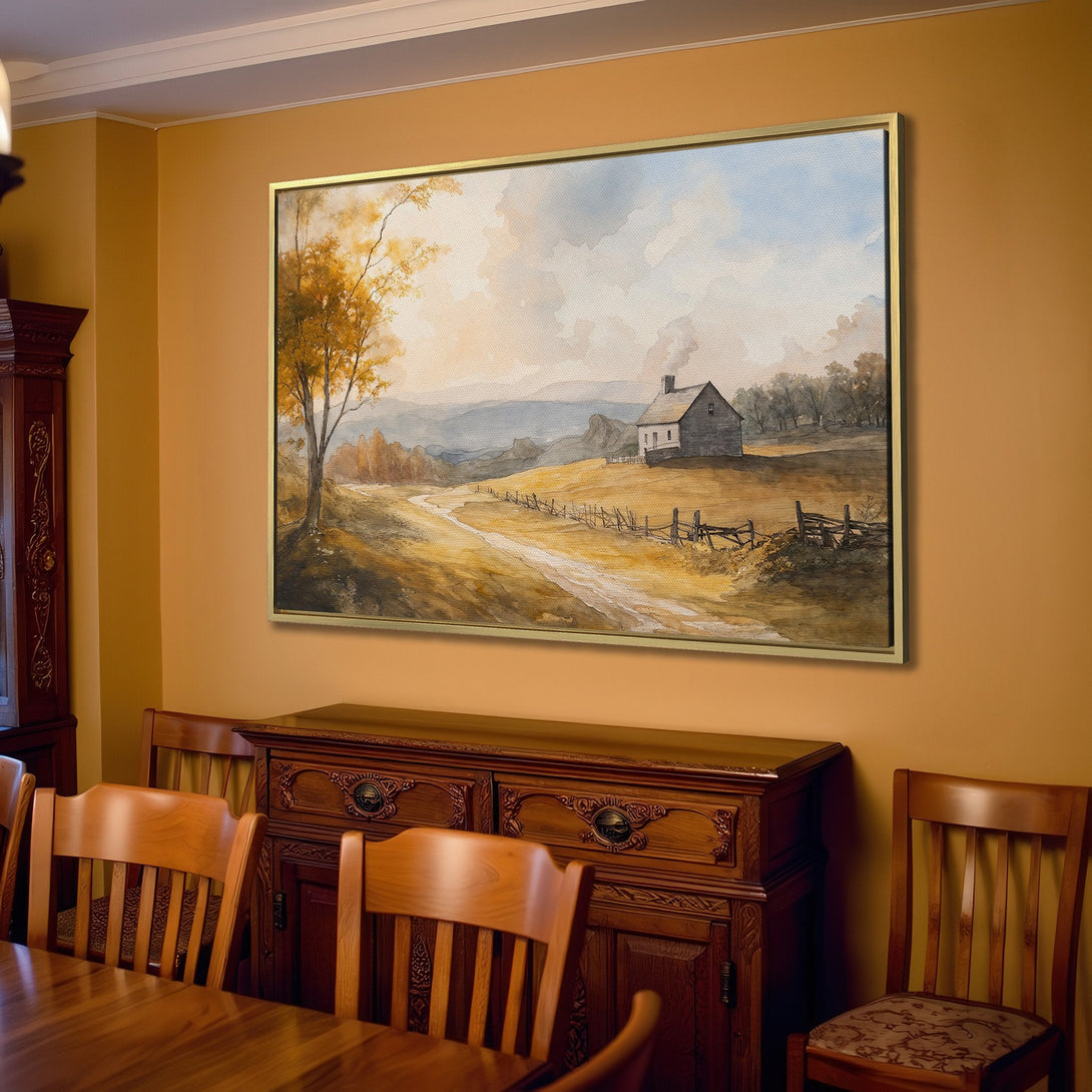 Canvas Print of a serene landscape painting in warm, earthy tones. Rustic farmhouse art adds cozy charm to any interior.