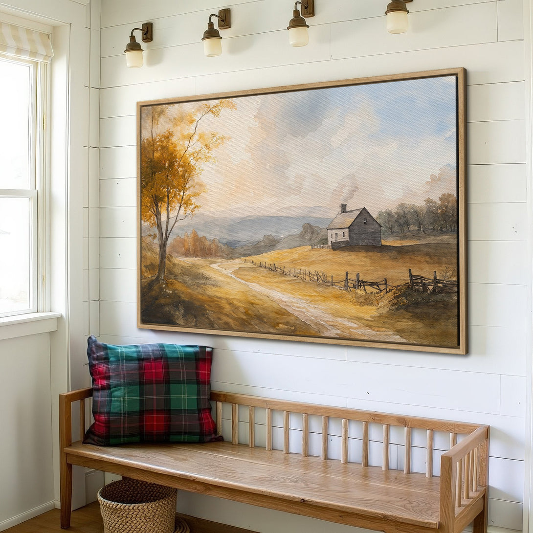 Framed Wall Art: Watercolor landscape Canvas Print in warm tones. Rustic farmhouse art with a serene, inviting color palette for your home decor.