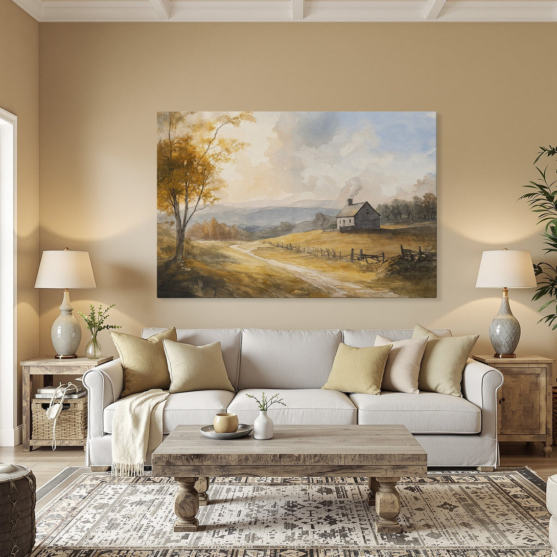 Framed Wall Art: Watercolor landscape Canvas Print. Warm, earthy tones create a cozy atmosphere. Perfect for rustic home decor.