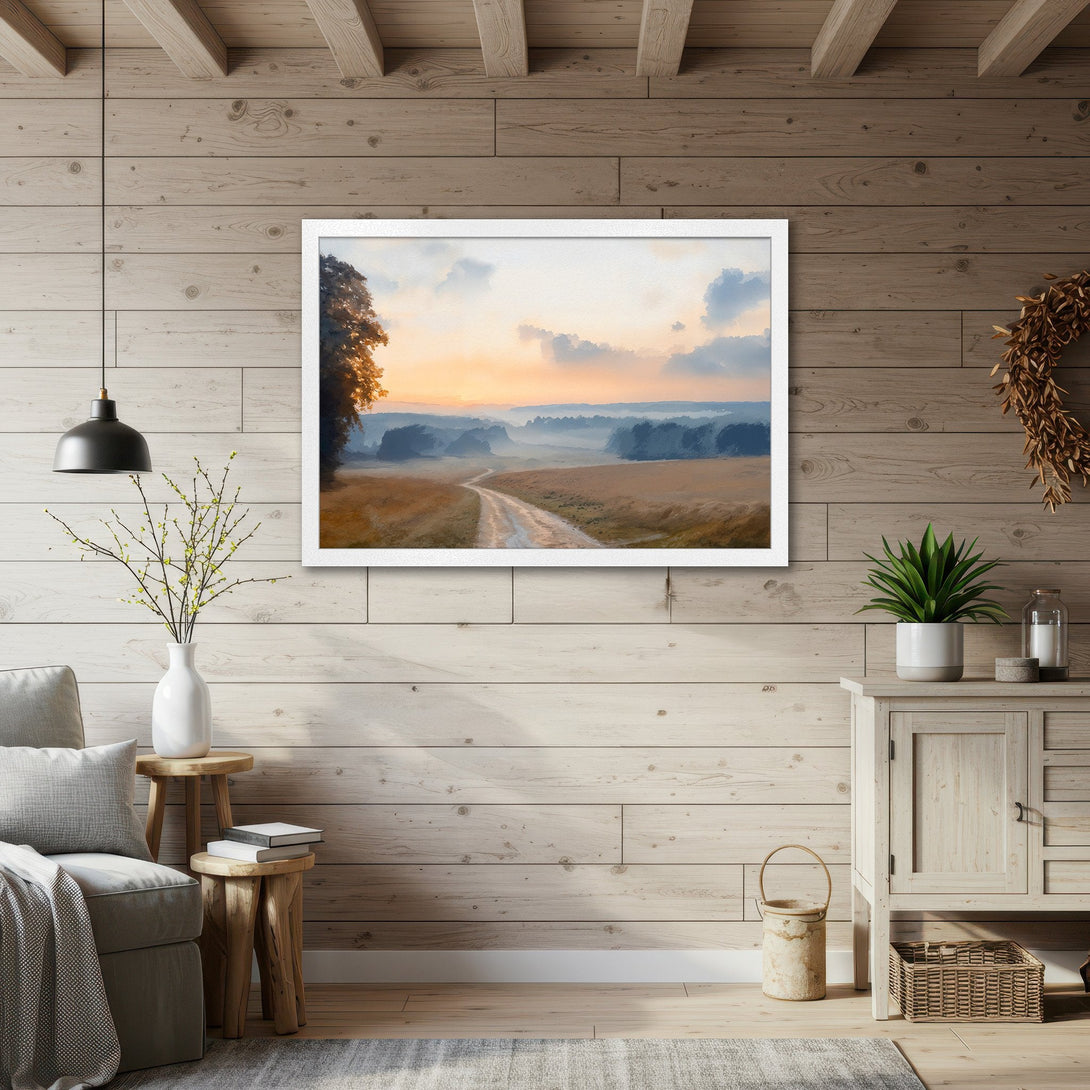 Framed Poster featuring a serene landscape scene with a warm color palette, perfect for adding a touch of nature to your decor.