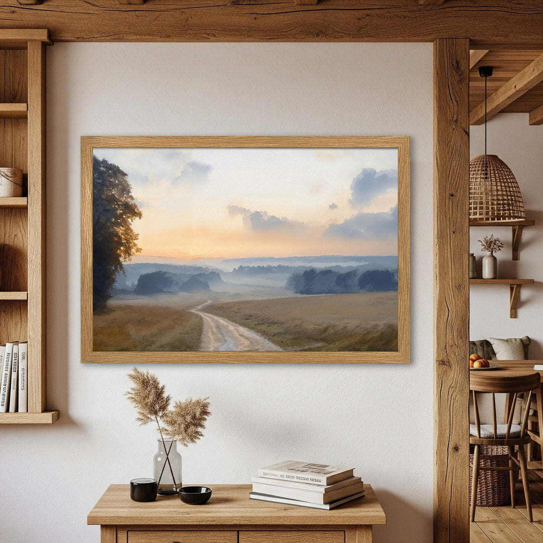 Framed Poster of a serene landscape painting with a warm color palette. Perfect for adding a touch of nature to your home decor.