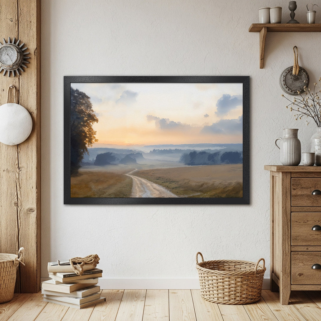 Framed Poster of a serene landscape painting. Soft, warm color palette with a road leading into the distance. Perfect wall art.