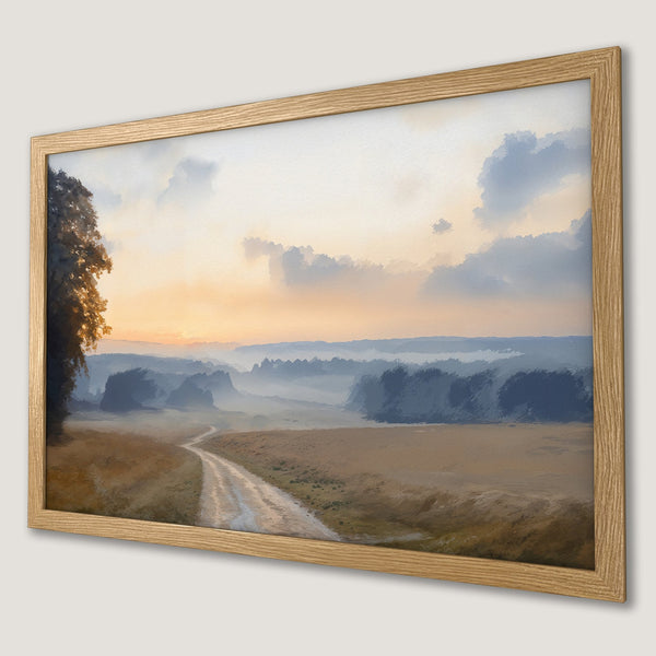 Framed Poster: Landscape art print with a serene sunrise scene, featuring a road, trees, and a soft, muted color palette. Perfect for home decor.