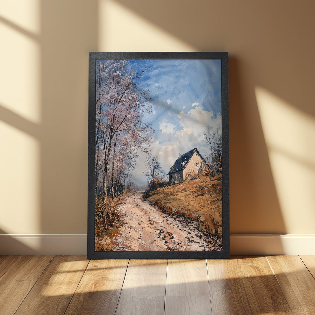 Framed Poster: Landscape painting of a house on a hill with a dirt road, in a black frame. Warm, earthy tones with blue sky.