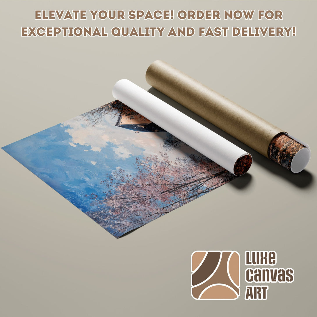 Poster Roll with a landscape painting in blue and pink tones. Elevate your space!
