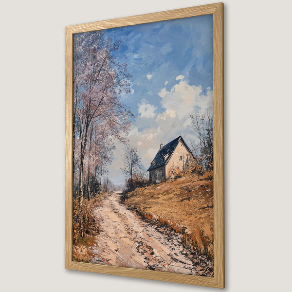 Framed Poster of a scenic landscape painting. Rustic style with a warm, earthy palette of browns, blues, and whites. Perfect for home decor.