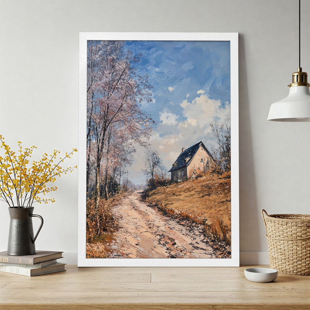 Framed Poster of a rustic landscape painting. Features a dirt road leading to a house, with a warm, earthy color palette. Perfect wall art!