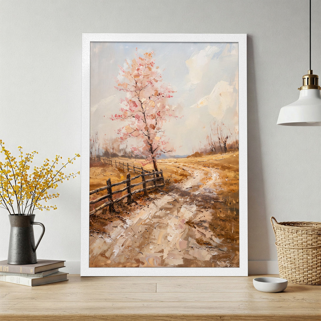 Framed Poster of a spring landscape with a pink tree. Impressionistic style with a warm, earthy color palette. Perfect wall art.