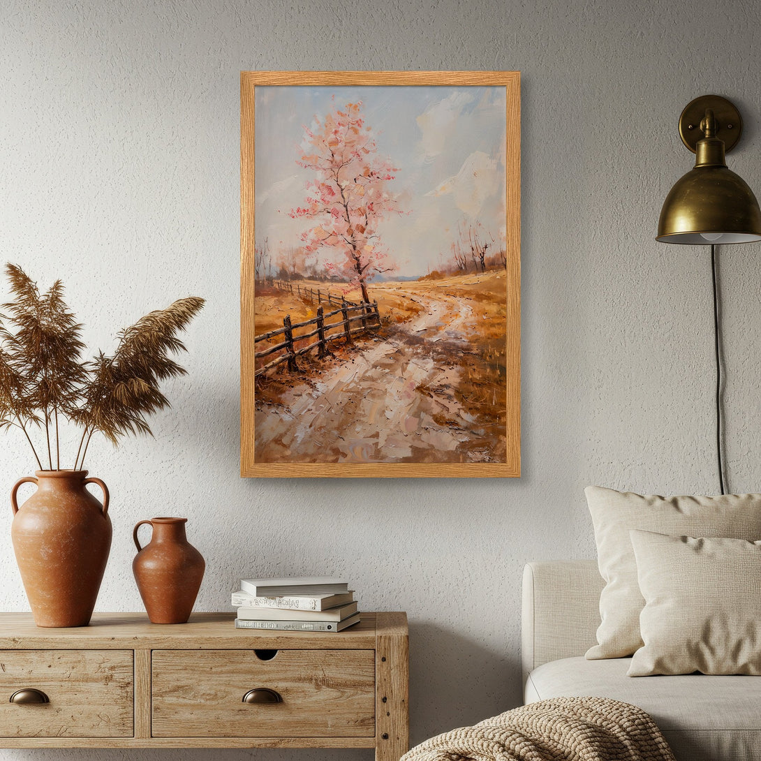 Framed Poster of a landscape painting with a tree, in a warm, neutral color palette. Perfect wall art for any room!