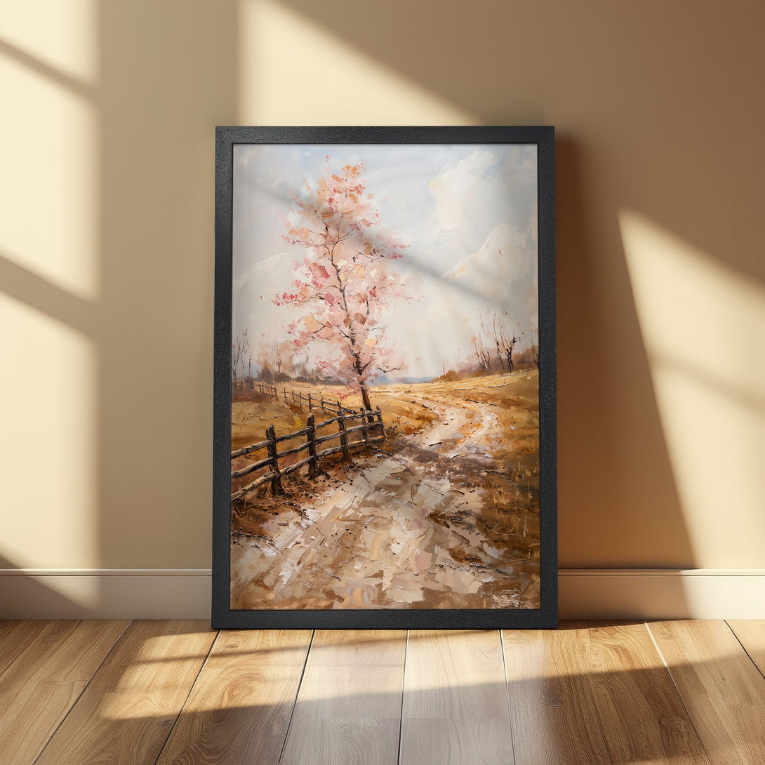 Framed Poster featuring a serene landscape painting with a tree and fence, in a warm, neutral color palette. Perfect for home decor!