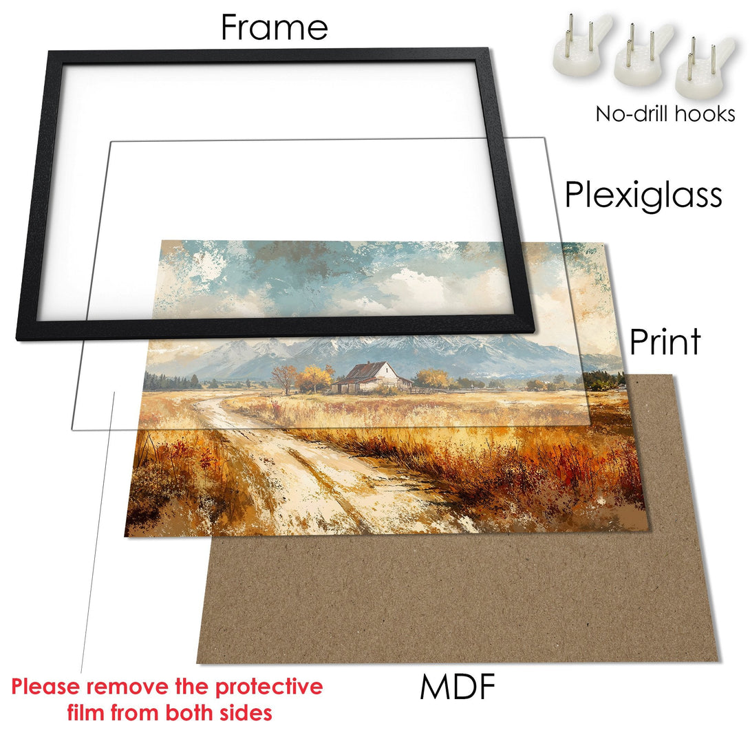 Framed Poster of a rustic landscape painting in warm earth tones. Perfect wall art for your home!