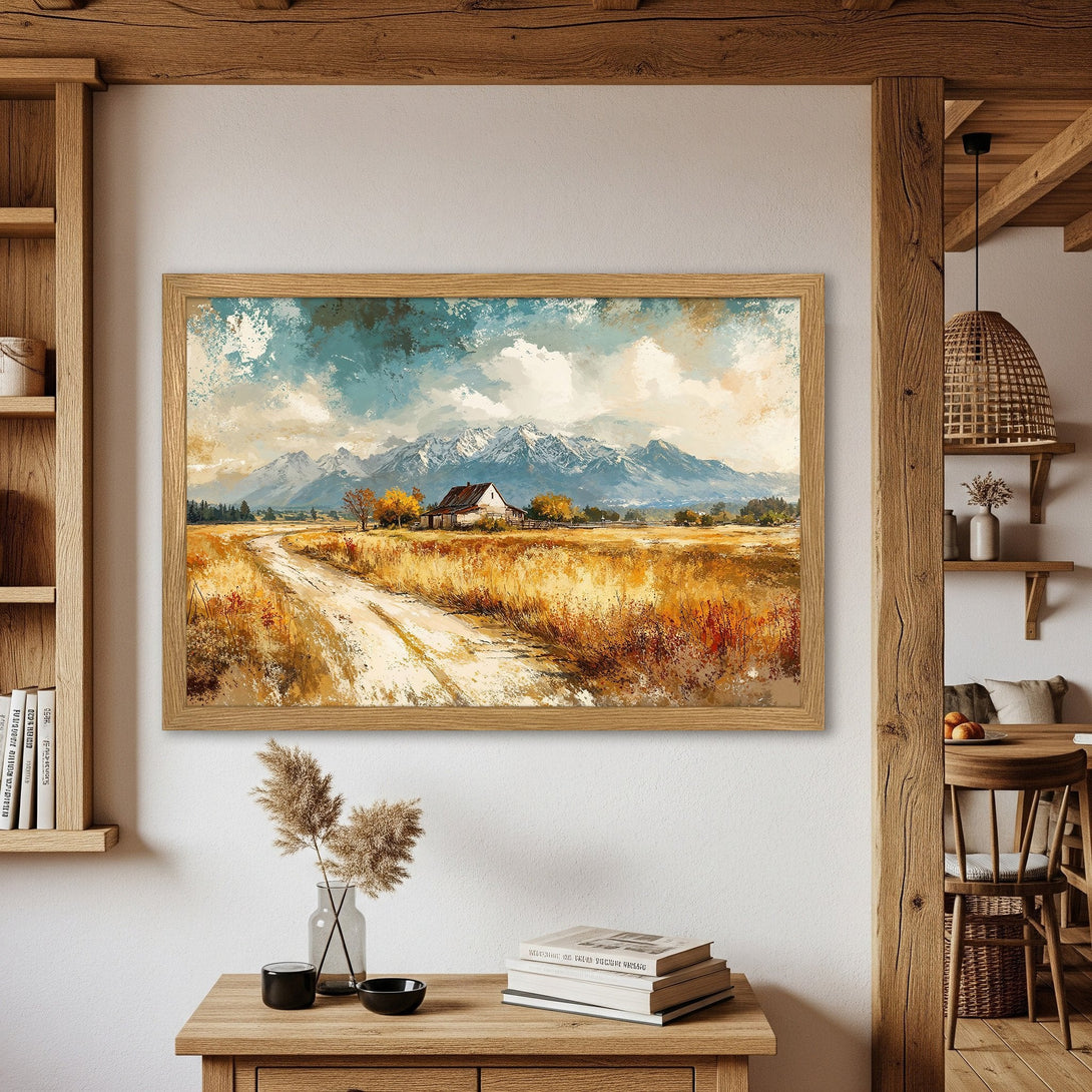 Framed Poster of a landscape painting, featuring a mountain scene in a warm, earthy color palette. Perfect wall art for home decor.