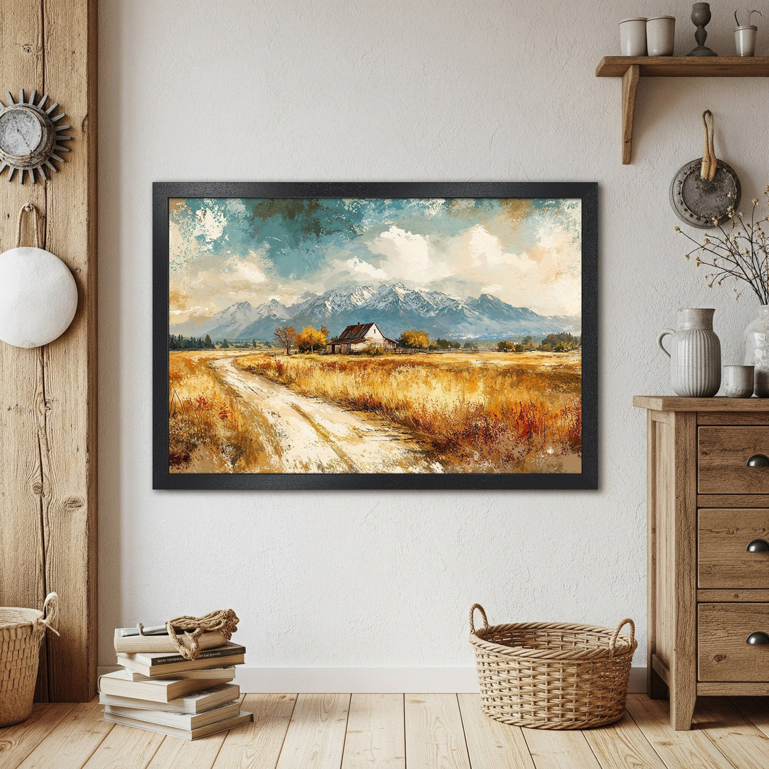 Framed Poster of a serene landscape with a cabin and mountains, in a warm, earthy color palette. Perfect wall art!