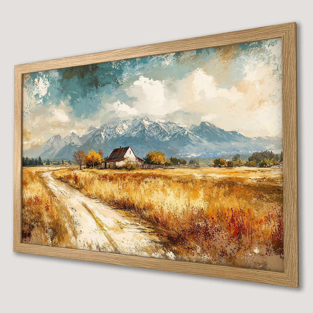 Framed Poster of a landscape painting with a cabin, mountains, and warm color palette. Perfect wall art!