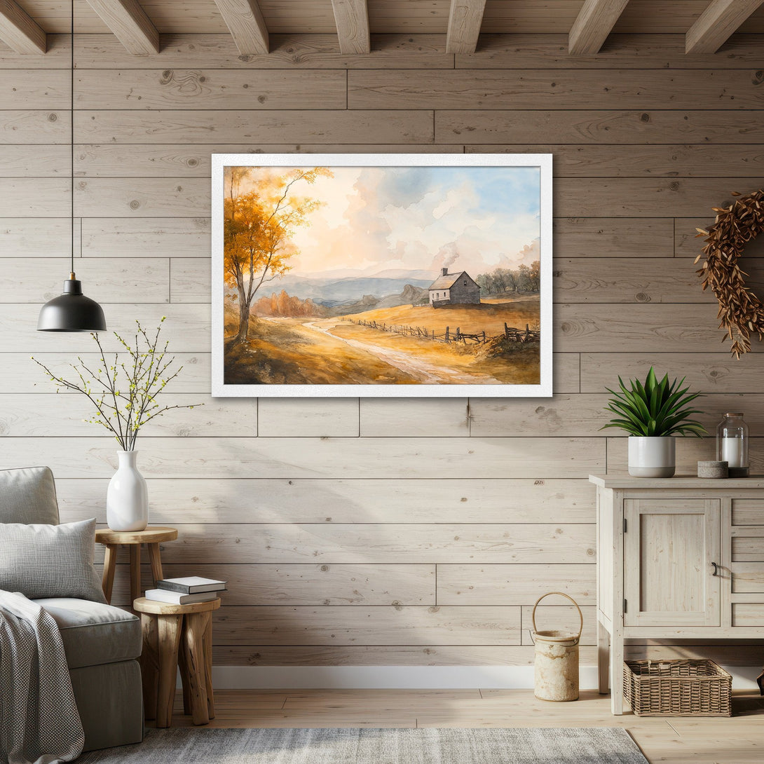 Framed Poster of a watercolor landscape with a warm, autumnal color palette. Rustic art perfect for cozy home decor.