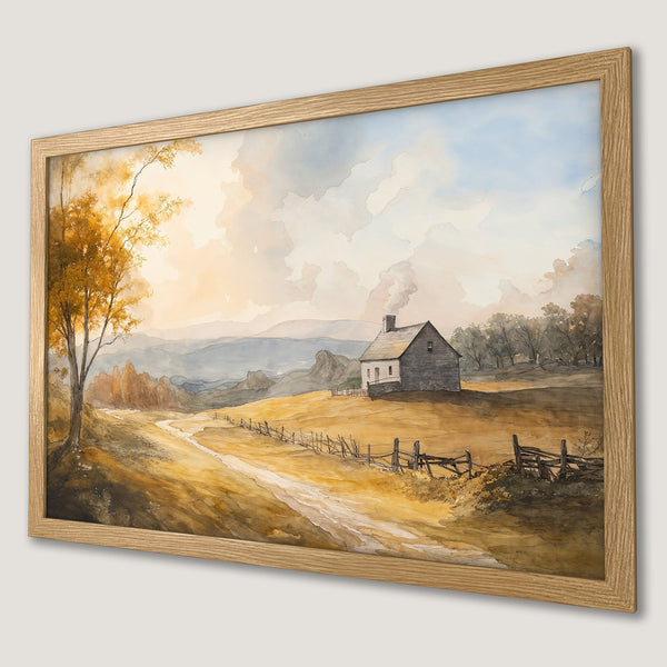 Framed Poster of a watercolor landscape with a house, warm color palette. Perfect wall art for a cozy home!