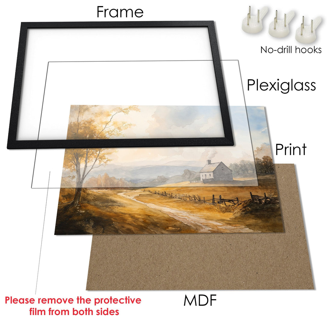 Framed Poster of a serene landscape painting in warm earth tones. Perfect wall art for any room.