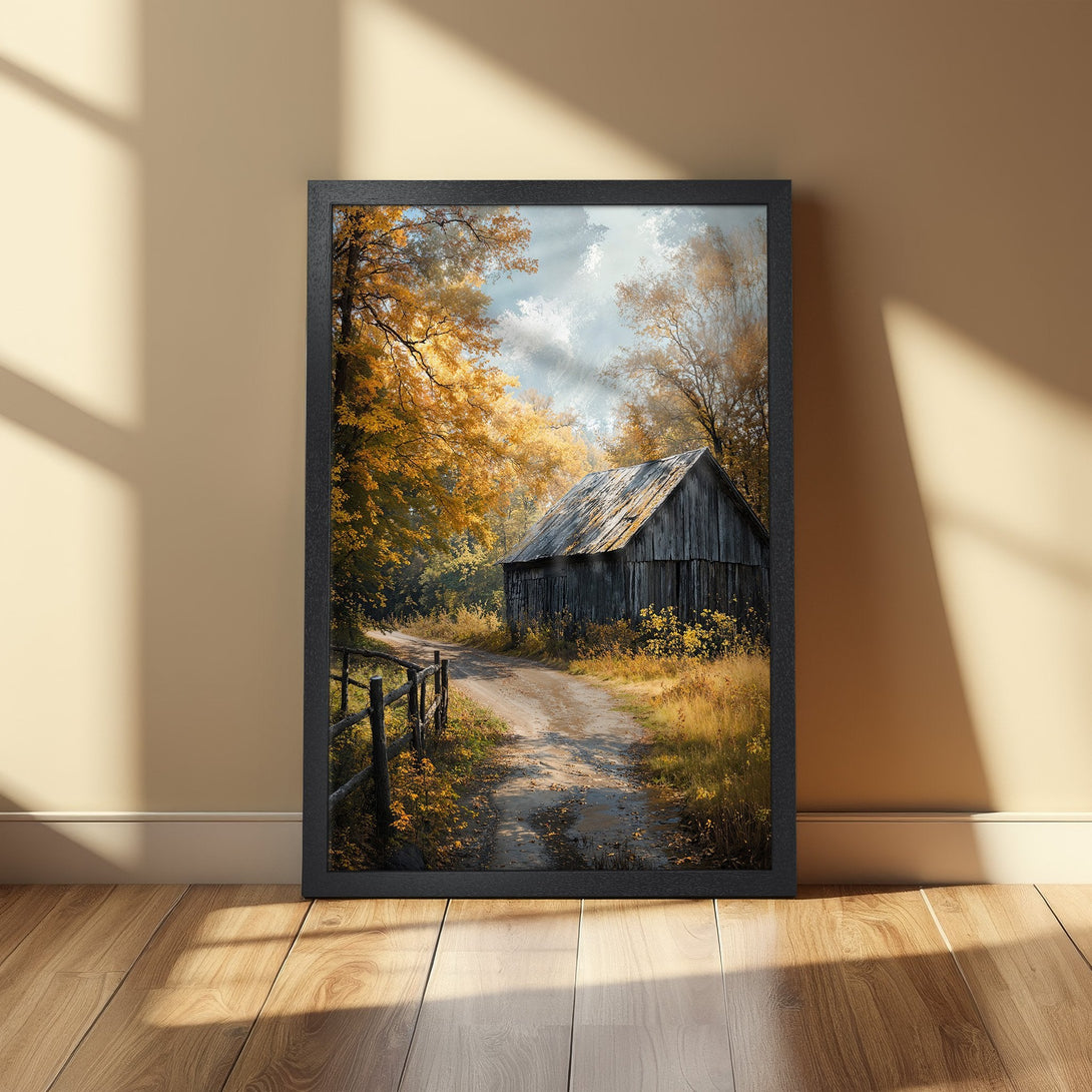 Framed Poster of a rustic barn scene in autumn colors. Warm gold and brown tones create a cozy, inviting aesthetic. Perfect wall art!