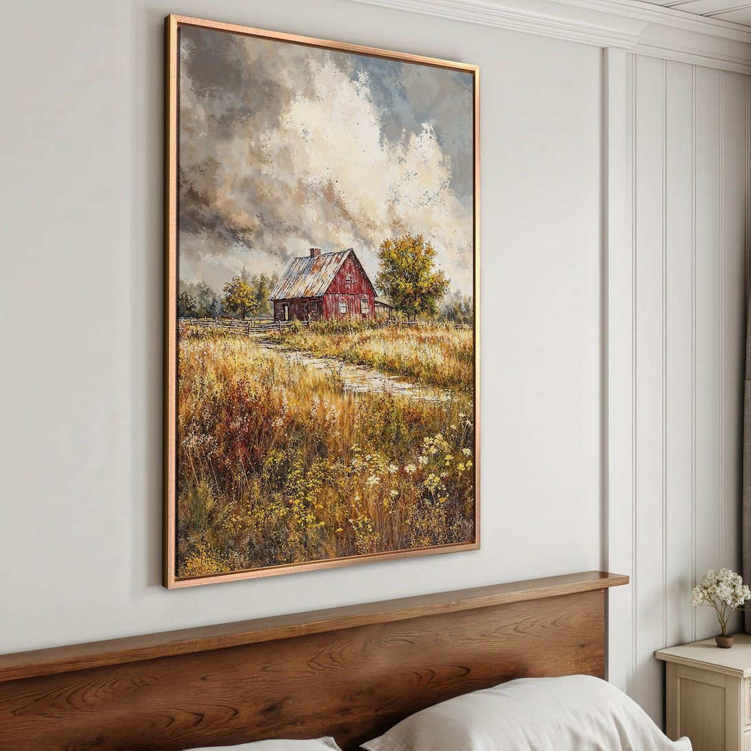 Framed Wall Art featuring a rustic barn landscape in warm yellow and red tones. Perfect for adding a touch of country charm to your home decor.