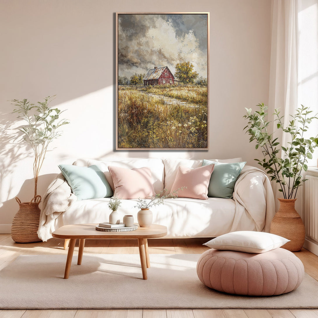 Framed Wall Art featuring a rustic barn landscape painting in warm, neutral tones. Perfect for adding cozy charm to any living space.
