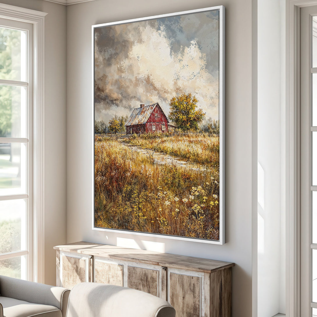 Framed Wall Art featuring a rustic red barn landscape in warm, earthy tones. Perfect for adding a touch of farmhouse charm to your home decor.