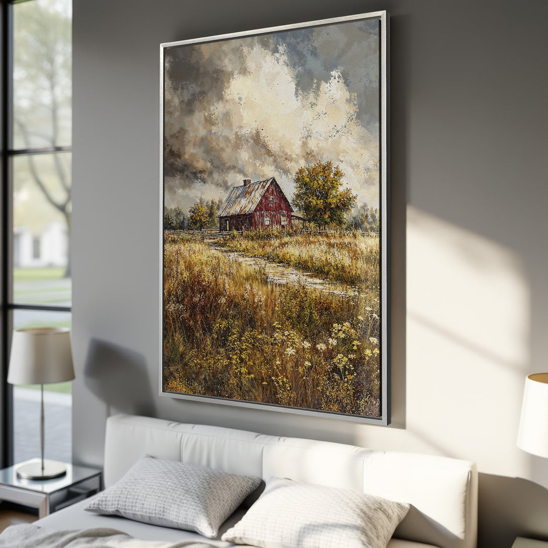 Framed Wall Art: Rustic barn landscape in warm earth tones. Perfect for adding a cozy, farmhouse feel to your home decor. Shop now!