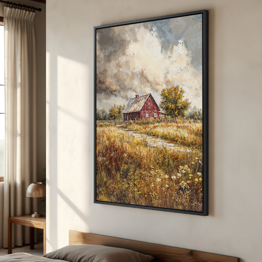 Framed Wall Art featuring a rustic barn landscape painting in warm, earthy tones. Adds a touch of cozy charm to any room.