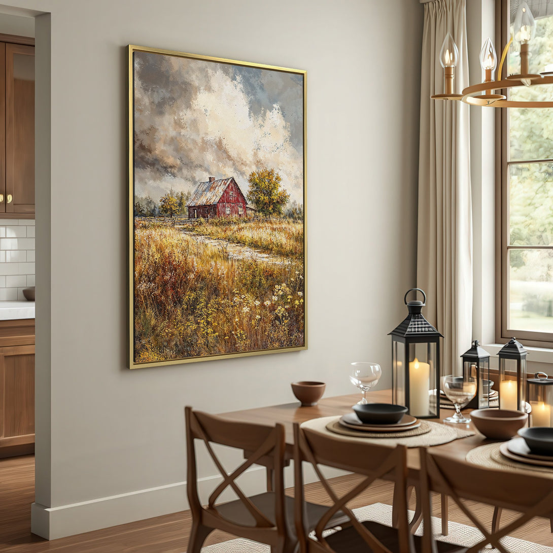 Canvas Print of a rustic red barn landscape painting. Warm, earthy tones create a cozy, inviting atmosphere. Perfect farmhouse wall art.