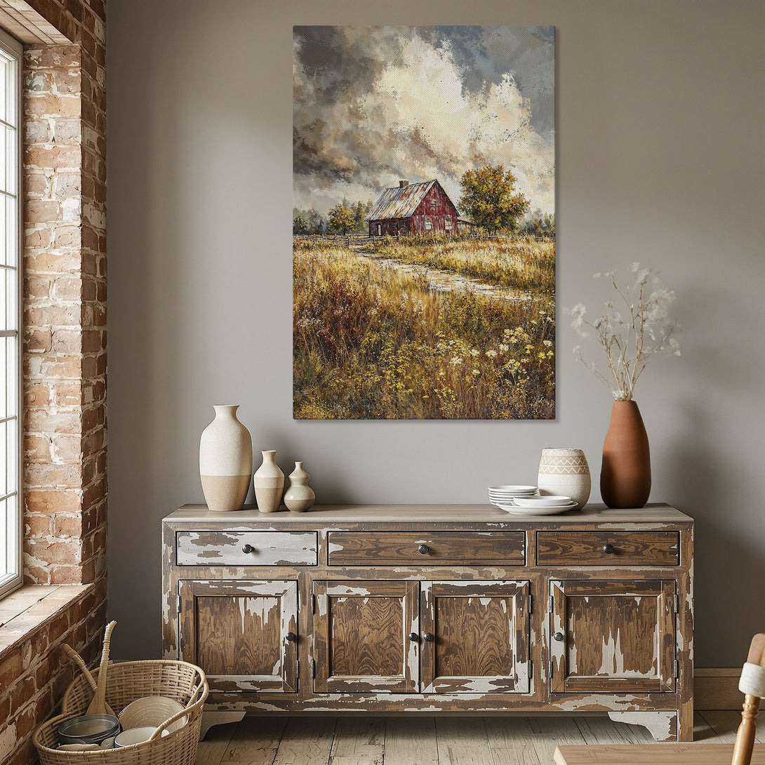 Framed Wall Art: Rustic barn landscape painting in warm, earthy tones. Perfect for adding a touch of farmhouse charm to your dining room.