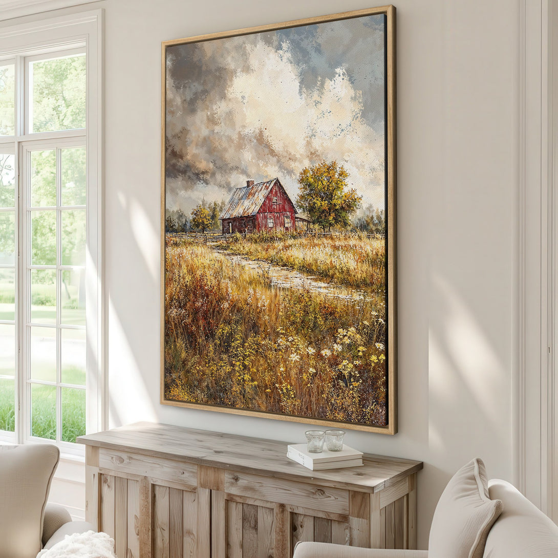 Framed Wall Art Canvas Print of a rustic red barn landscape painting. Warm, inviting color palette with yellows, browns, and hints of blue. Perfect farmhouse decor.