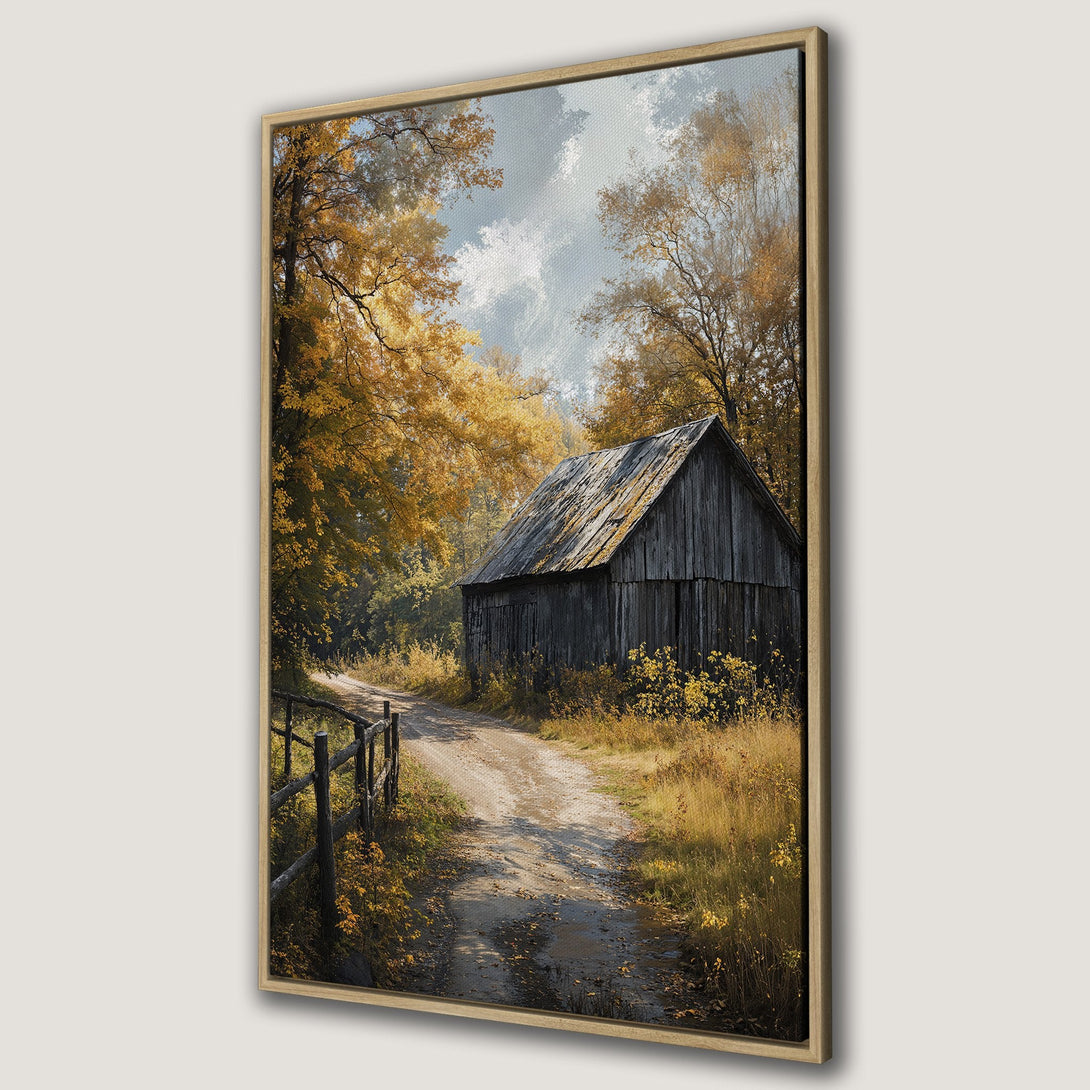 Framed Wall Art: Rustic barn scene in autumn colors. Warm, inviting landscape Canvas Print with golden, brown, and gray tones. Perfect for cozy home decor.