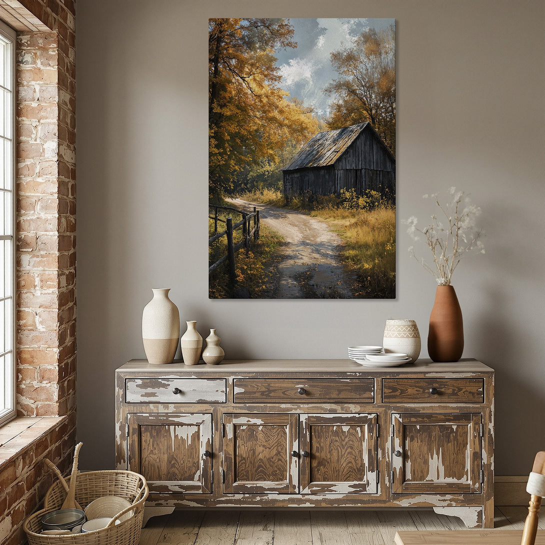 Framed Wall Art: Rustic barn scene in warm autumn tones. Enhance your dining room with this beautiful canvas print, featuring a cozy, inviting landscape.