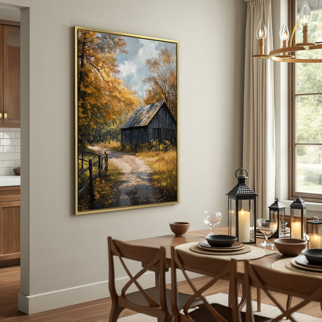 Canvas Print of a rustic barn scene in warm autumn tones. Perfect for farmhouse decor.