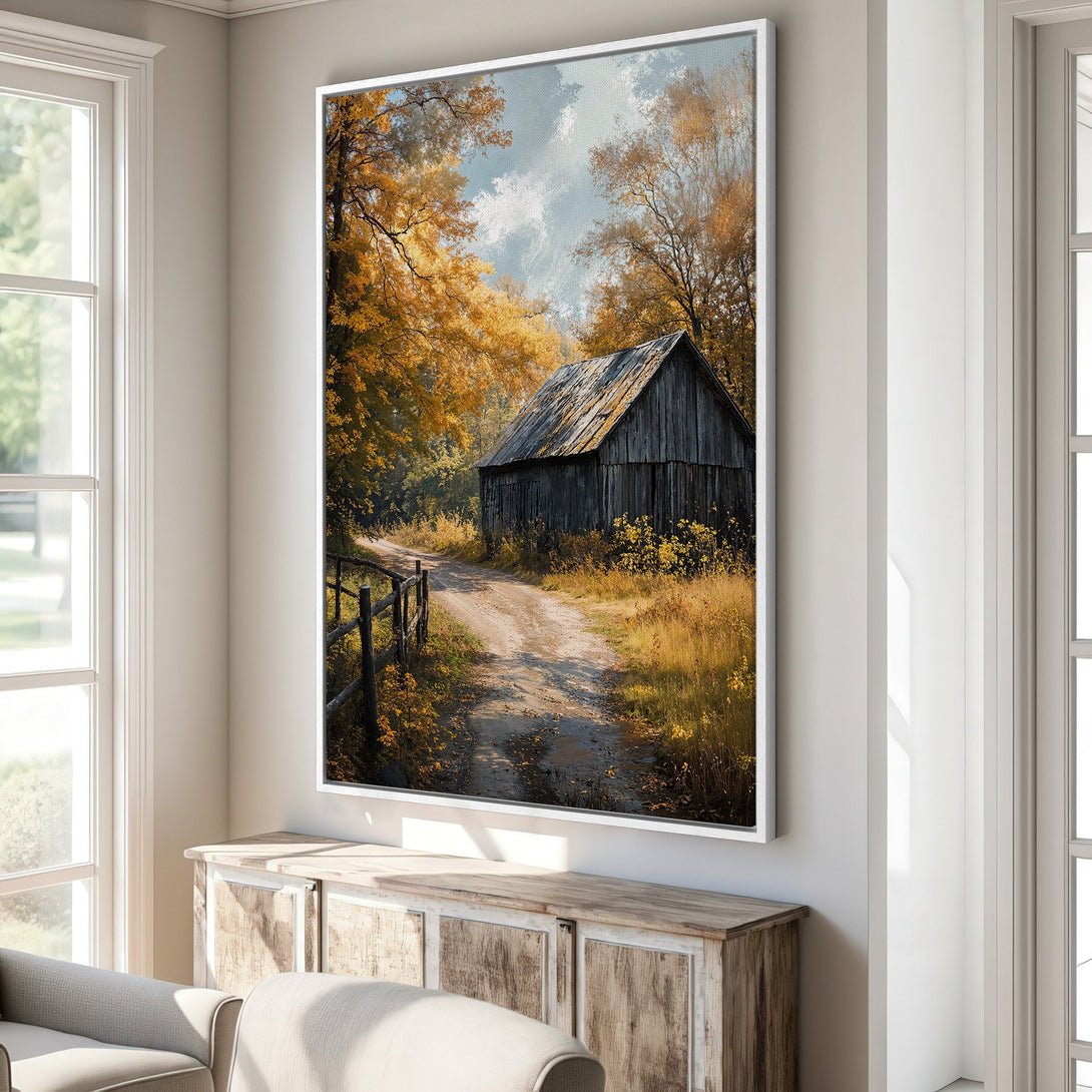 Framed Wall Art featuring a rustic barn scene in warm autumn tones. Enhance your space with this beautiful canvas print, showcasing nature's beauty.