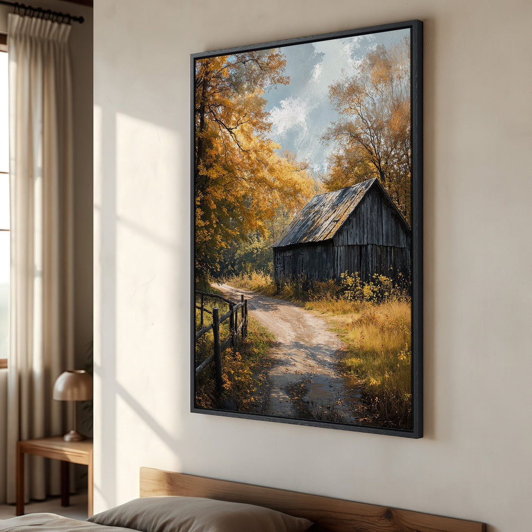 Framed Wall Art: Rustic barn scene in warm autumn hues. Landscape Canvas Print adds cozy charm to any space. Perfect for farmhouse decor!
